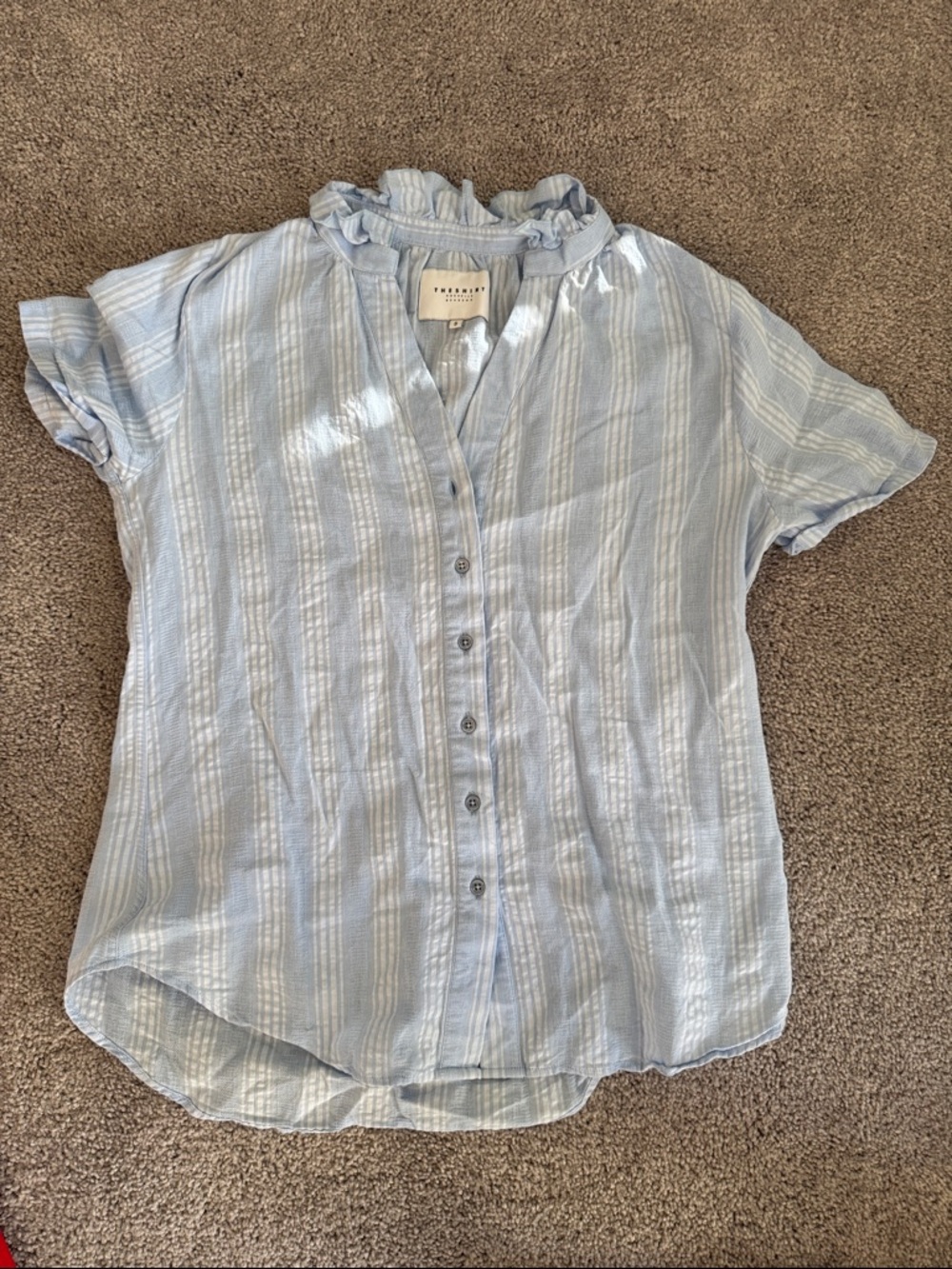 The Shirt by Rochelle Behrens Light Blue Striped Button-Down Top